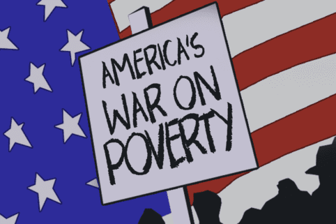 Illustration of sign that reads 'America's War on Poverty' with American flag in background