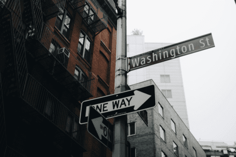 Closeup of street sign for Washington St