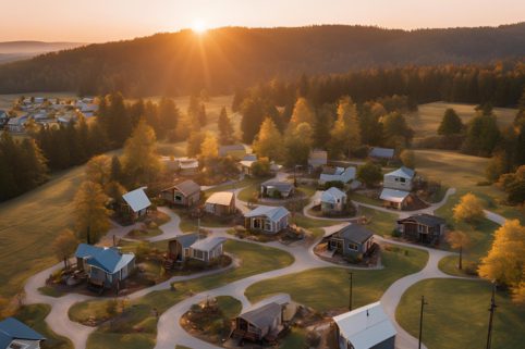 Aerial photo of tiny homes community for homeless people