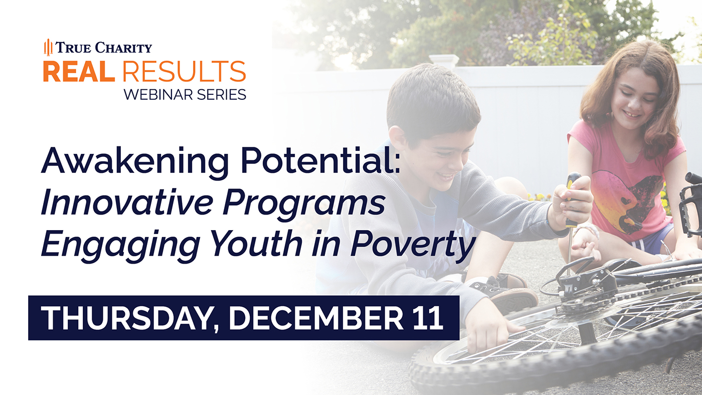 Promotional graphic for True Charity Real Results webinar