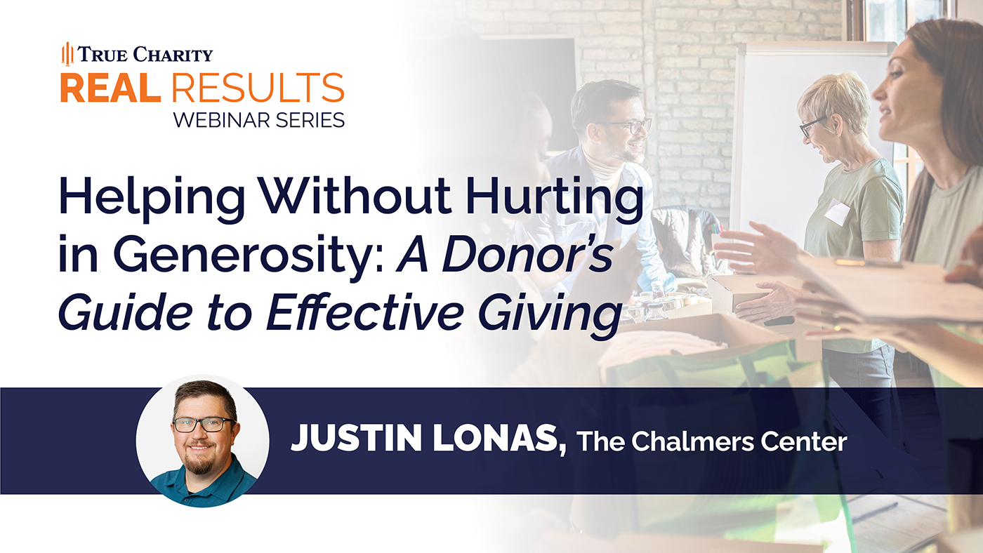 Promotional graphic for True Charity and Chalmers webinar by Justin Lonas